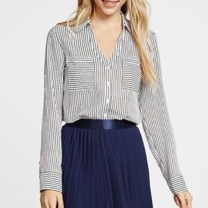 EXPRESS Striped Slim Fit Portofino Button Up Blouse Black White Size S